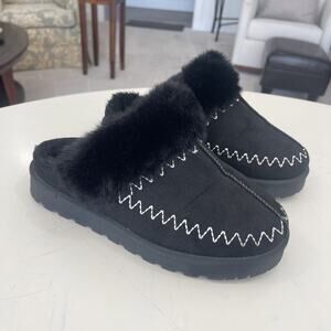 Flexus Women Sz 7 (38) Slipper Black Spring Step Clog Black Faux Fur Lining Cozy